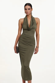 Klaria Chic Contour Cowl Neck Sleeveless Ruched Knit Maxi Dress